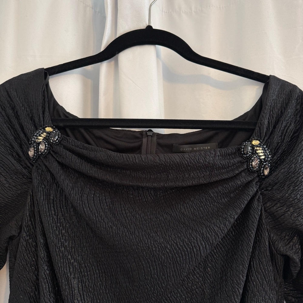 David Meister Black Ruched Beaded Cocktail Dress Long Sleeve Size 10 - Picture 4 of 12